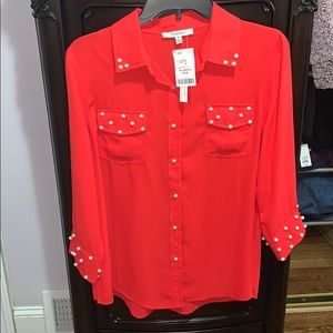 Red Button Up Shirt with Pearls